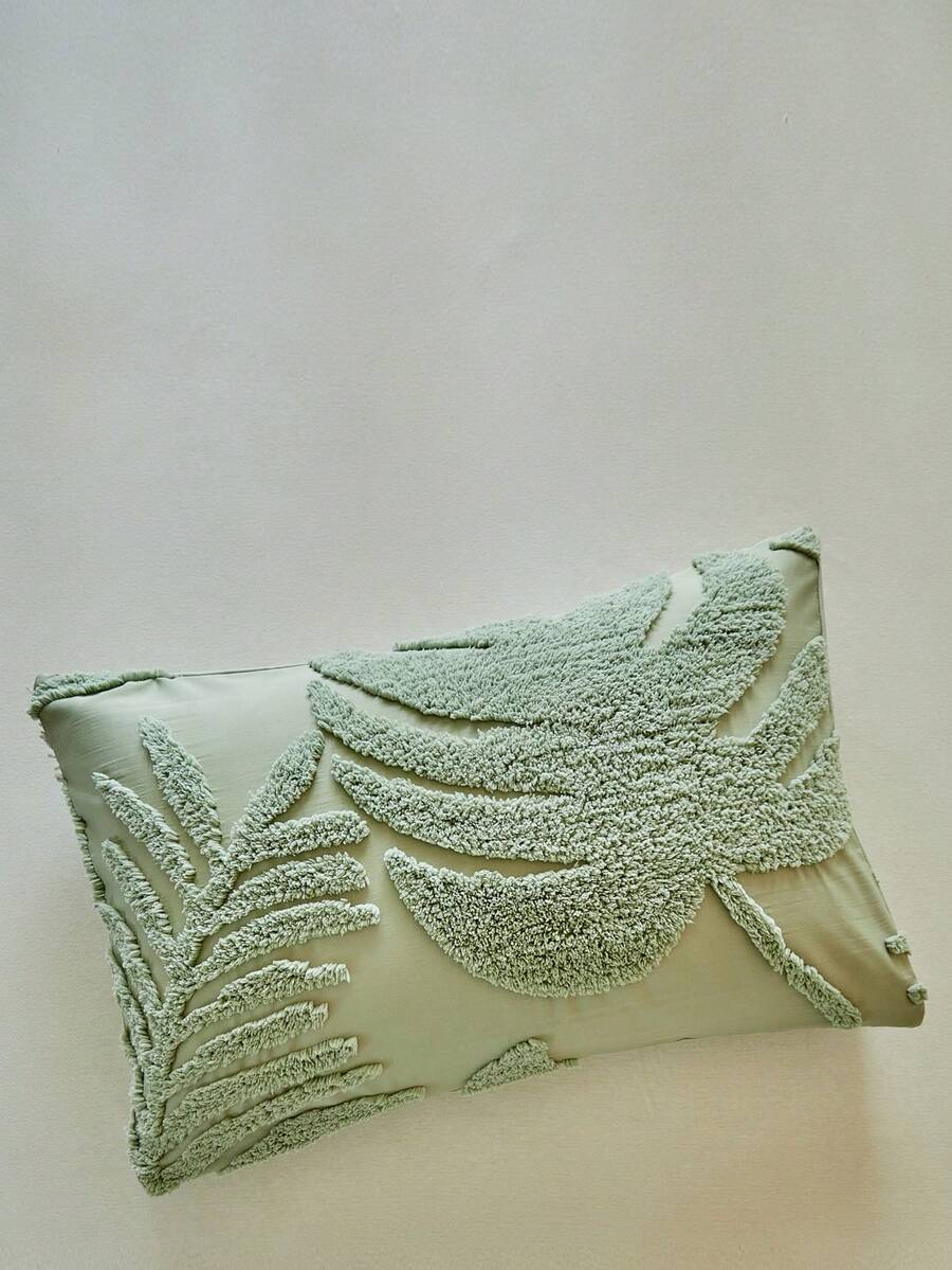 1pc Bohemian Style Green Turtle Leaf Pattern Tufted Pillowcase, Vintage Farmhouse Polyester Decorative Throw Pillow Cover Suitable For All Seasons, Living Room Decor, Machine Washable, Without Filler - Green - View 1