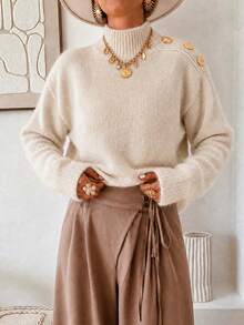 Vuslat Women's Autumn/Winter Soft Knit Sweater, Metal Button Half-High Neck Base Layer Top, Commuting, Casual Shopping, Cafe, Christmas - Apricot - View 4