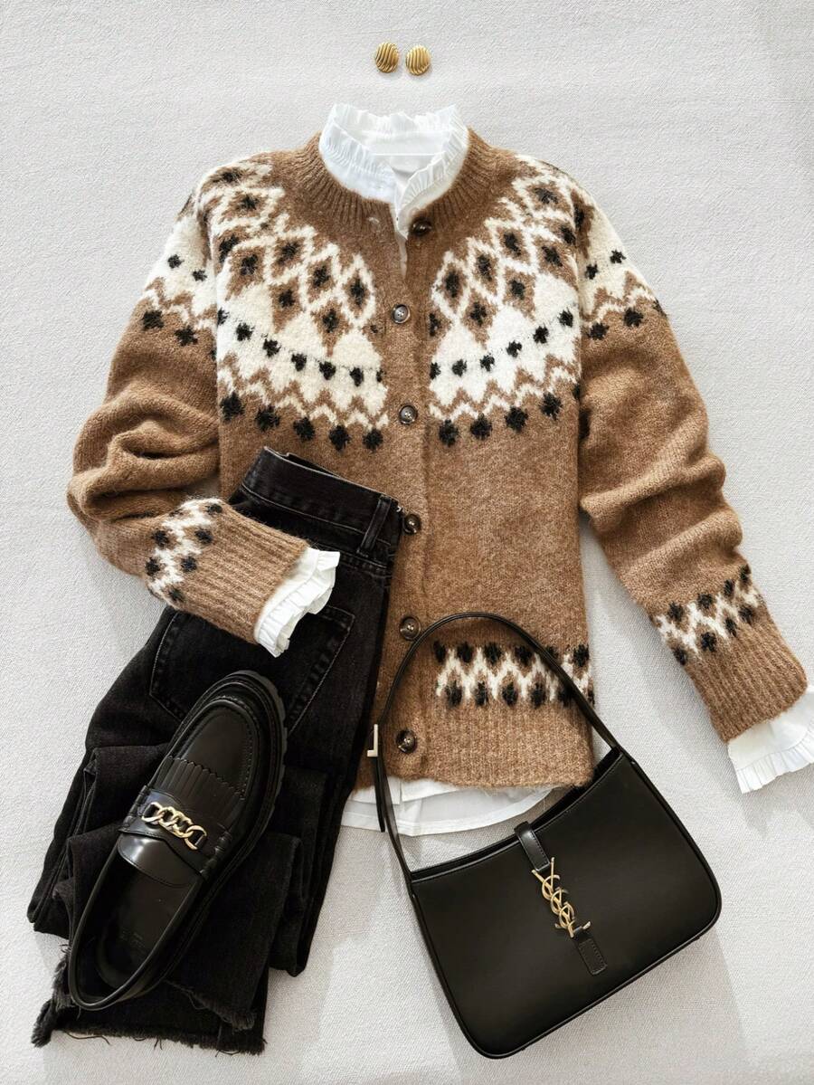 Women's Vintage Fashion Cardigan, Medium Stretch Ribbed Knit Round Neck Wool Sweater, Long Sleeve Fair Isle Jacquard Pattern Cardigan - Brown - View 1