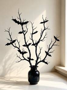 3pcs Artificial Black Branches With 12 Bat Decorations, Halloween Tabletop Vase Decoration, Suitable For Family Parties. - Black - View 6