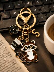 1pc Raccoon Coffee Theme Gold Keychain, Girls Bag Decoration Pendant, Niche Design Raccoon Coffee Cup Key Ring, Coffee Cup Clock Element Creative Car Key Pendant, Keychain, Key Ring, Car Keychain - Multicolor Raccoon Coffee Mug - View 4