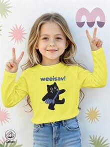 Girls Cotton Raglan Long Sleeve Tee For Fall Winter, Black Cat Print And Blue 'weeisav!' Text, Cute Sweet Preppy Style - Bright Yellow - View 2