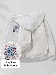 甜美女孩拉鍊連帽外套，可愛藍色兔子愛心補丁刺繡，柔軟秋冬校園外套 - 淺灰色 - 查看 3