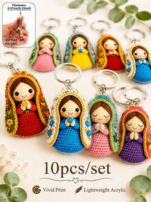 10pcs Colorful Crochet Style Virgin Mary Keychain, 2D Flat Acrylic Floral Praying Girl Pendant, Cute Religious Faith Bag Charm, Car Key Chain Accessory, Suitable For Daily Commute, Church Gathering, Baptism, Religious Memorial, Holiday Party And Faith Gift - Multicolor - View 7