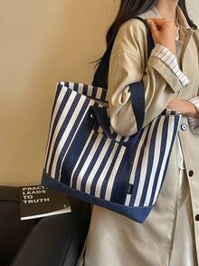 Fashionable Large Capacity Striped Shoulder Tote Bag, Multi-Functional Pockets, Suitable For Women Shopping, Commuting And Daily Use, Suitable For Students Back To School - Blue - View 4