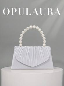 OpulAura 女士优雅仿珍珠缎派对手提包，浪漫婚礼钱包，精致迷人的晚礼服配饰，褶皱设计正式手拿包，适合晚宴、舞会、生日派对、节日礼物 - 銀色 - 查看 1