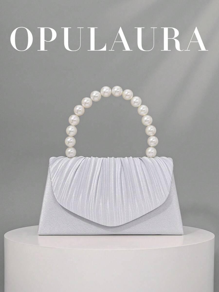 OpulAura 女士优雅仿珍珠缎派对手提包,浪漫婚礼钱包,精致迷人的晚礼服配饰,褶皱设计正式手拿包,适合晚宴、舞会、生日派对、节日礼物 - 銀色 - 查看 1