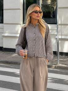 Women Gingham Plaid Cropped Jacket Stand Collar Raglan Sleeve Drawstring Hem Button Casual Coat - Brown - View 5