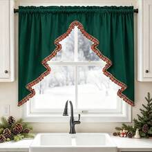 1 buah Tirai Kopi Pohon Natal American Christmas Hollow, Tirai Setengah Hijau Tua dengan Trim Kotak-kotak, Model Kantong Batang, Dekorasi Liburan Jendela Kecil Dapur, Tirai Pendek - MultiWarna - View 1