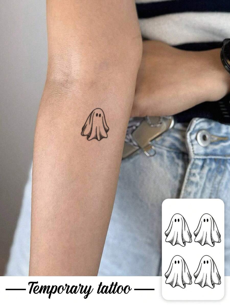 1pc Temporary Tattoo Sticker, Four Stippled Retro Ghost Halloween Pattern, Realistic Fake Tattoo Design, Suitable For Daily Wear, Bachelorette Party Favors, Music Festivals, Cosplay, Graduation Gifts, Lasts 3‑5 Days - Black - View 1