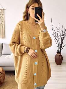 Cardigan Rajut Wanita Ukuran Besar Warna Khaki Dasar, Leher V, Tekstur Bergaris, Penutup Kancing Depan, Atasan Longgar Kasual, Musim Gugur/Dingin - Kuning - View 2