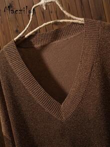 Plus Size Women Solid Color V-Neck Drop Shoulder Long Sleeve Casual Loose Knit Sweater, Autumn/Winter Vacation Brown Fall - Brown - View 7