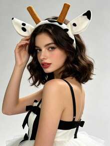 1pc/Set Halloween Party Cow Print Plush Headband Animal Ear Headband Costume Cosplay Role Play Stage Performance Party Headpiece - Multicolor - View 6