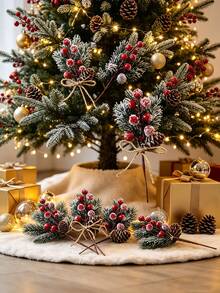 10/5/1pc Artificial Red Berry Branches, Plant Bouquet With Pine Branches And Jute Rope Bow, Suitable For Garden, Balcony, Yard Decoration, Wedding, Mother's Day, Christmas Tree Decoration, Bouquet Wreath, Holiday Decoration, Ideal For Home, Hotel And Holiday Scenes - Multicolor - View 5