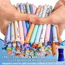 14pcs/35pcs Random Animal Pattern Erasable Ballpoint Pens, 0.5mm Blue Ink With Eraser, Fun Learning Stationery Supplies, Back To School Gift, Suitable For Students - Multicolor - View 1