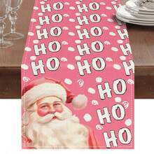 1pc Pink Christmas Table Runner, Vintage Santa Claus Ho Ho Ho Letter Print Tablecloth, Holiday Dining Table Home Decor, Accessories Not Included - Pink - View 7
