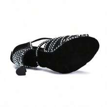 1 Pair Solid Color Rhinestone High Heel Latin Dance Shoes For Women, Fabric Buckle Cha Cha Rumba Dance Shoes, All Season Party Performance Dance Shoes - Black - View 1
