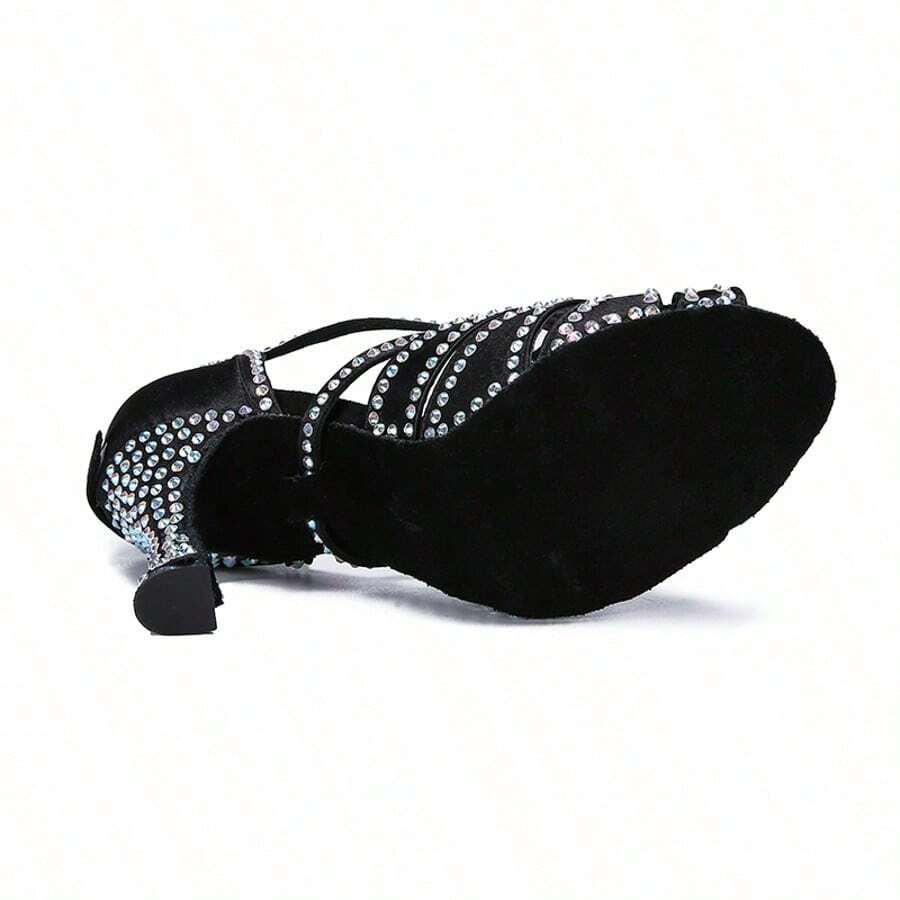 1 Pair Solid Color Rhinestone High Heel Latin Dance Shoes For Women, Fabric Buckle Cha Cha Rumba Dance Shoes, All Season Party Performance Dance Shoes - Black - View 1
