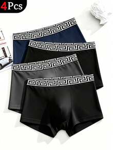 4pcs Solid Color Men's Boxer Briefs With Pattern, Men's Pajamas Loungewear, Men's Underwear Boxer Shorts - Multicolor - View 1
