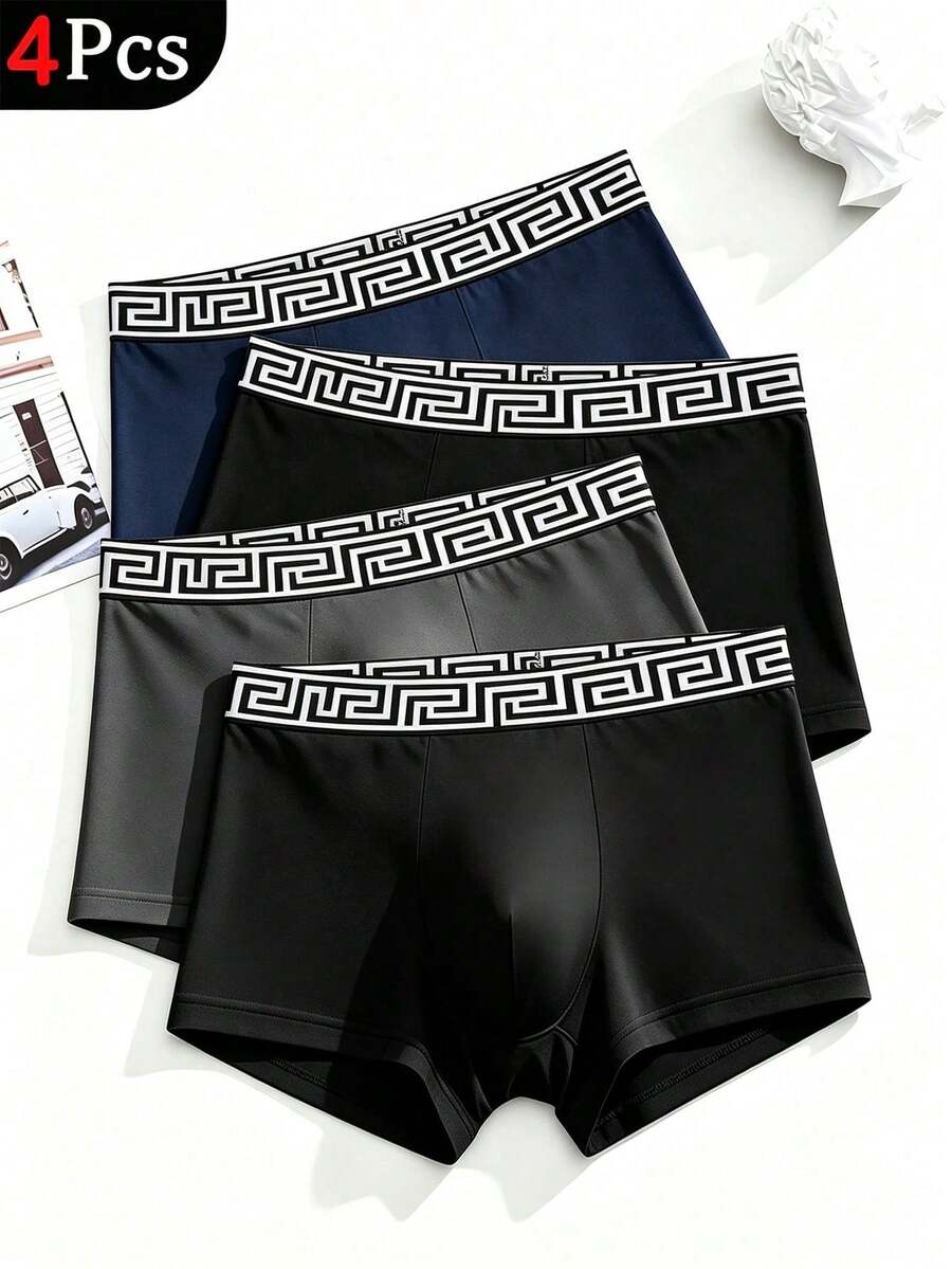 4pcs Solid Color Men's Boxer Briefs With Pattern, Men's Pajamas Loungewear, Men's Underwear Boxer Shorts - Multicolor - View 1