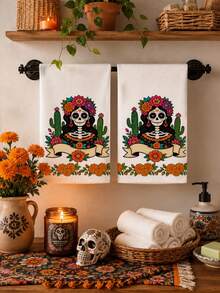 2pcs/4pcs Day Of The Dead Sugar Skull Girl Print Kitchen Towels, Floral Cactus Pattern Dish Cloths, Multi-Purpose Household Cleaning Rags, Holiday Decor Practical Gift - Multicolor - View 1