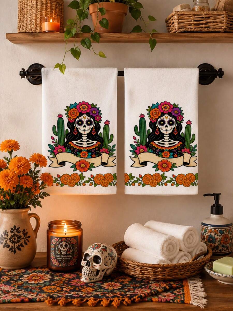 2pcs/4pcs Day Of The Dead Sugar Skull Girl Print Kitchen Towels, Floral Cactus Pattern Dish Cloths, Multi-Purpose Household Cleaning Rags, Holiday Decor Practical Gift - Multicolor - View 1