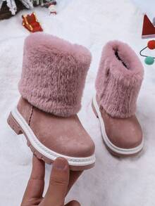 1雙女嬰絨毛雪地靴，內裡抓絨，保暖平底防滑短靴，適合秋冬日常戶外穿著 - 粉色 - 查看 5