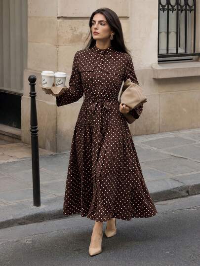Women's Brown Polka Dot Shirt Dress With Stand Collar, Dual Pockets, Self-Fabric Waist Design, Long Sleeves, Vintage Style For Dating, Shopping And Commuting