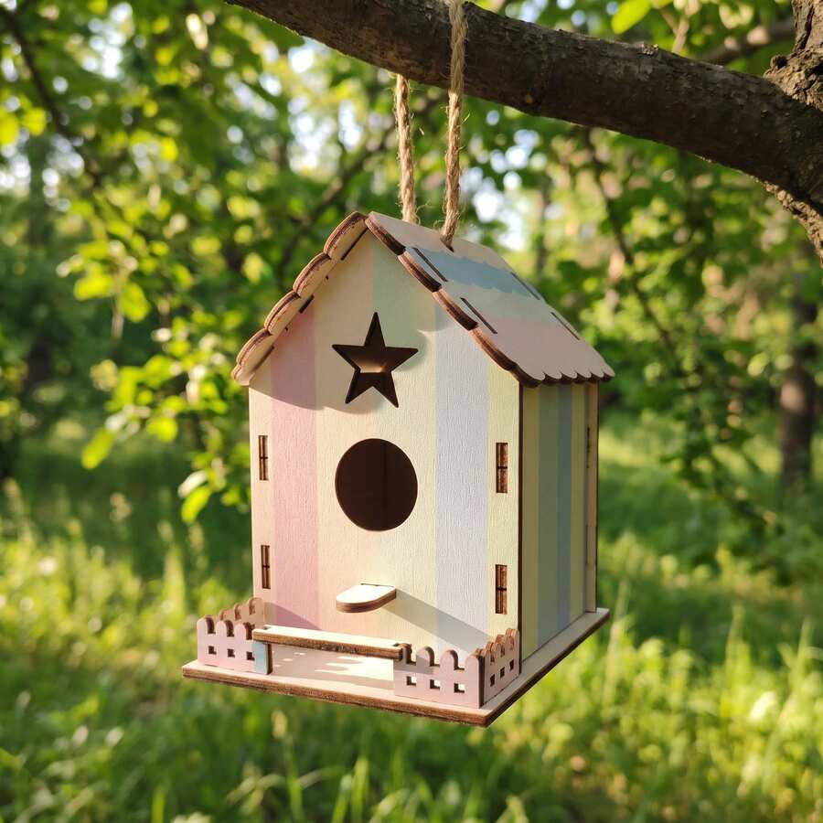 1 buah Rumah Burung Gantung Kayu Macaron Warna-warni, Sarang Burung Berongga Bintang Lucu dengan Pagar Mini, Desain Tali Gantung, Dekorasi Gantung Pohon di Luar Ruangan, Halaman Belakang, Balkon, Taman, Dekorasi Rumah - A - View 1