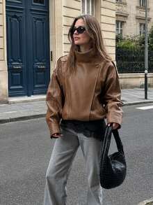 SHIBASHAN Women Oversized Faux Leather Jacket Fall Winter Y2k Motorcycle Bomber Coats - Mocha Brown - View 3