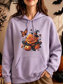 1pc Women's Purple Hoodie, Rose And Pumpkin Bouquet Print Pullover, Women's Casual Long Sleeve Kangaroo Pocket Hoodie - Purple Yam - View 1