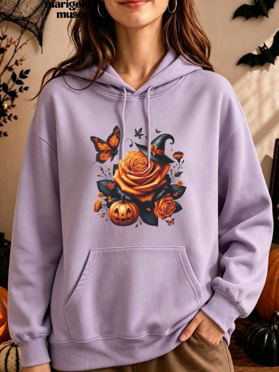 1pc Women's Purple Hoodie, Rose And Pumpkin Bouquet Print Pullover, Women's Casual Long Sleeve Kangaroo Pocket Hoodie - Purple Yam - View 1