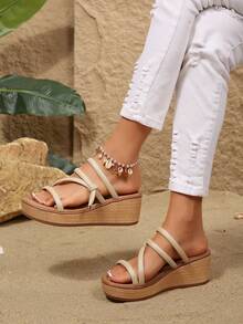 Sandal Selop Wanita Motif Retro dengan Gesper Ganda dan Platform Anyaman, Sandal Musim Panas Tanpa Tali dengan Ujung Terbuka - Krem - View 3