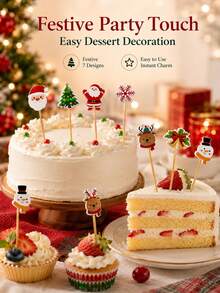 50/80pcs Christmas Cake Toppers Santa Reindeer Snowman Tree Dessert Picks Cute Holiday Cupcake Decorations Festive Party Baking Decor Table Styling Accessories - Multicolor - View 5