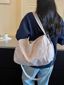 蝴蝶結刺繡裝飾寬肩帶拉鍊開合設計休閒風大容量旅行包，適合日常通勤、購物、外出、旅行，活力優雅時尚穿搭橫式行李包 - 灰色 - 查看 6