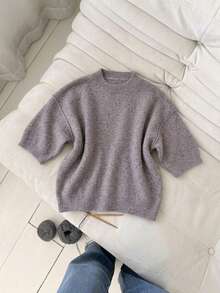 EAVA Women's Autumn Light Gray Knit Round Neck Short Sweater, Half Sleeve Pullover, Loose Drop Shoulder Wide Sleeve Slimming, Work Tops Fall - Mocha Brown - View 10