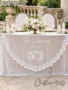Custom Wedding Tablecloth With Lace Trim, Personalized Mr Mrs Name & Est Date Printed Sweetheart Table Cover, Romantic Swan Pattern Sheer Table Cloth For Bridal Shower Wedding Reception Decor - Multicolor - View 3