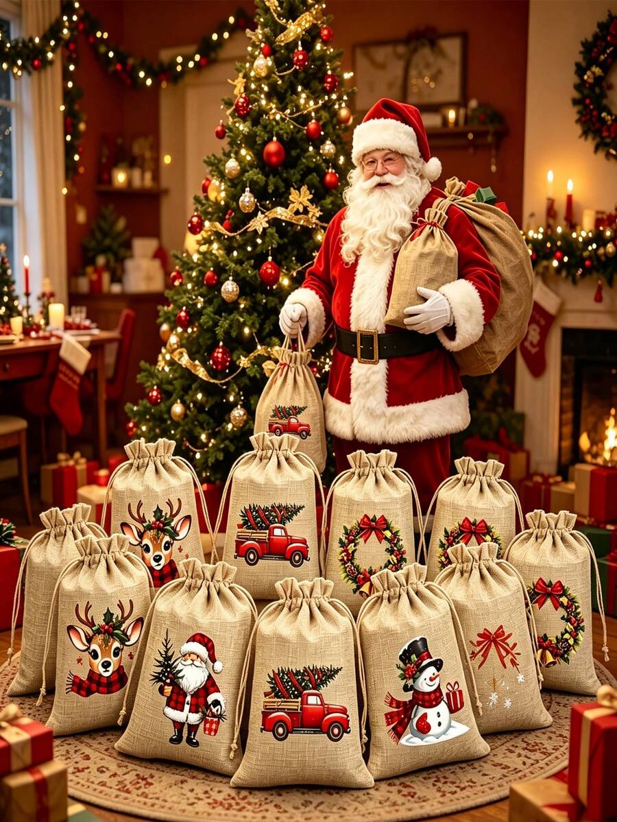 5/12pcs Christmas Burlap Gift Bags, Christmas Gift Bags, Reusable Drawstring Bags, 5 Christmas-Themed Designs Randomly Shipped, Suitable For Christmas Party Favors, Birthday Gifts, Christmas Tree Decorations - Type a - View 1