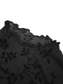 Sexy Flocked Floral Sheer Frill Trim Fitted Mesh Long Sleeve Top & Camisole 2 Pieces Set, Autumn/Winter New, Versatile For Date And Commute - Black - View 6