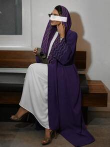 Hafizah Women's Striped Embroidered Robe & Headscarf 2 Pieces Set - Violet Purple - View 2