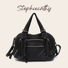 STEPHIECATHY 女款經典復古黑色PU皮革小肩背包 斜挎手提包 休閒通勤上班旅行學院風 - 黑色 - 查看 1