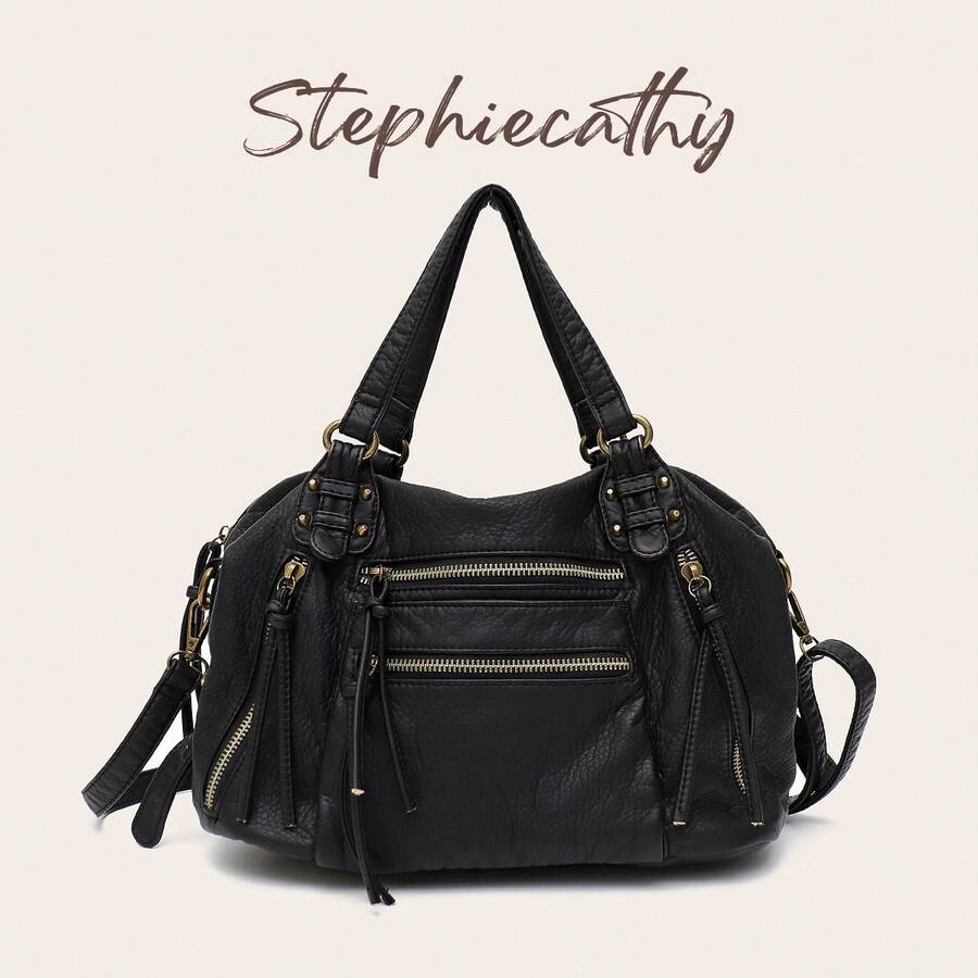 STEPHIECATHY 女款經典復古黑色PU皮革小肩背包 斜挎手提包 休閒通勤上班旅行學院風 - 黑色 - 查看 1