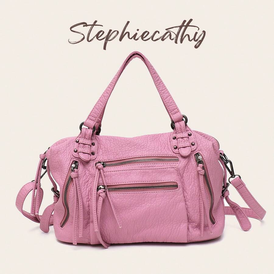STEPHIECATHY 女款單肩包,水洗PU人造皮革小手提包,休閒斜挎包,適合日常通勤、上學、旅行、夏季,粉紅色 - 櫻花粉 - 查看 1