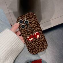 1pc Leopard Print Cherry 1314151617ProMax Phone Case For Apple 12/11 - Burgundy - View 3