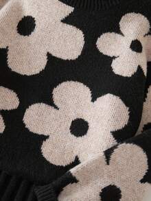 New Fashion Versatile Floral Jacquard Minimalist Commute Girls Pullover Sweater And Pleated Skirt Set - Black - View 4