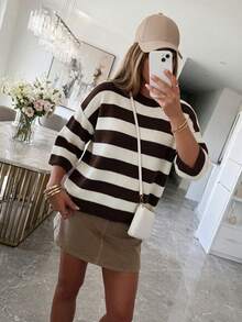 Women's New Autumn Color Block Striped Round Neck Knit Top, Gentle And Versatile For Daily And Campus Wear - Small White Apricot - View 5