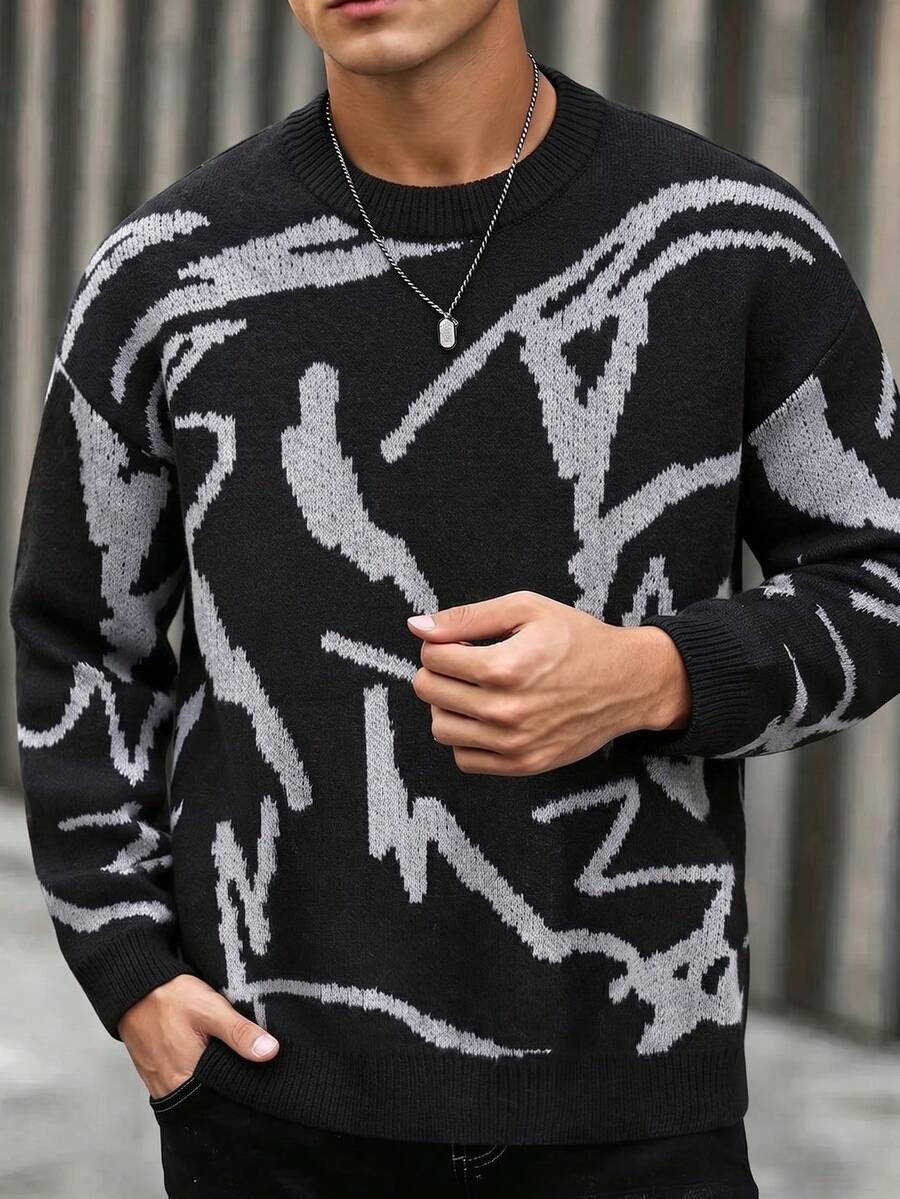 1pc Tween Boys Casual Outdoor Exercise Streetwear Textured Thick Warm Knit Sweater, Autumn/Winter - Black - View 1