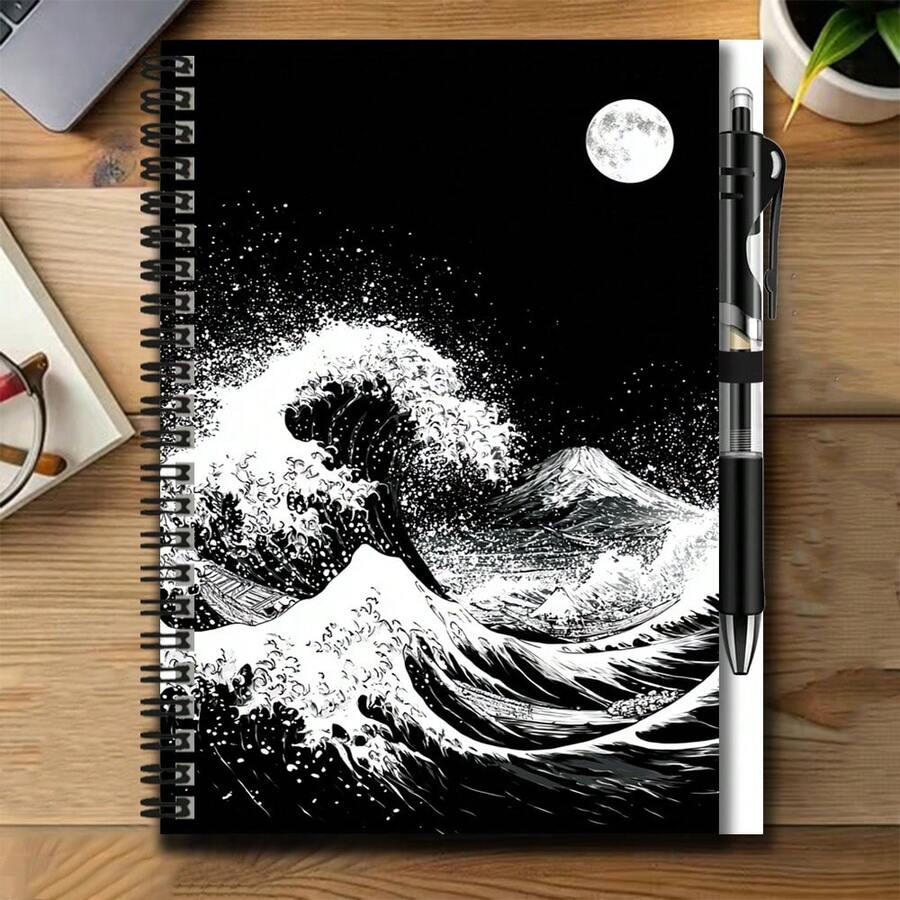 1 Set Japanese Ukiyo-E Style 2D Spiral Coil Notebook And Pen Set, Black And White Wave And Moon Artistic Collision. Great Helper For Work And Study, Suitable For Diary, Daily Planning And Memo. Premium Gift Choice For Graduation, Birthday And Other Occasions, Inspiring Writing And Beautiful Daily Life, Accompanying You To Start Every Moment Of Recording. - 1 Book + 1 Pen - View 1