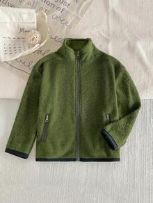 Kids Fleece Stand Collar Sweatshirt Single Piece Jacket Autumn/Winter Boys Colorblock Pocket Zipper Fleece Top - Green - View 1