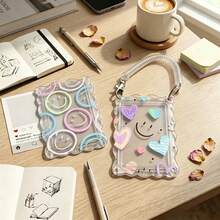 Cute Smile & Heart Pattern Transparent Acrylic Wavy Edge ID Card Holder With Spring Ring Wrist Strap, Suitable For Student Campus Card, Meal Card, Metro, Bus And Elevator Card, Card Holder Protective Case, Bag Decoration - Multicolor - View 2